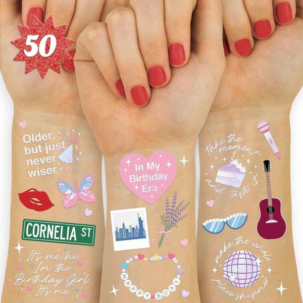xo, Fetti Eras Birthday Temporary Tattoos - 50 Iridescent Styles | Bday Decorations, Birthday Girl Party Accessory, Karma Theme Favor, Concert Gift, Cute Bday Supplies