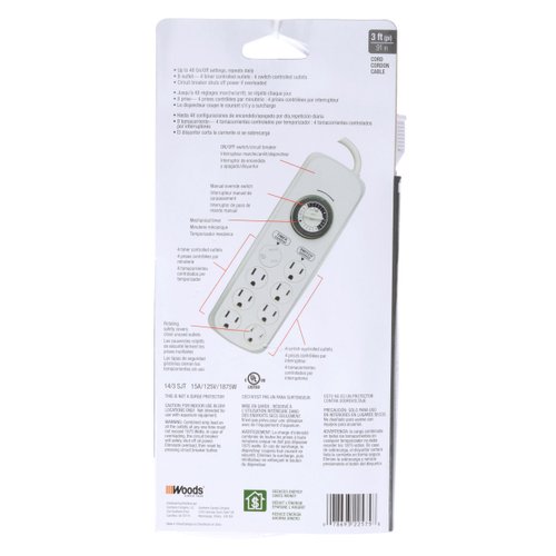 Woods 22575WD Indoor 8-Outlet Power Strip with Built-In Mechanical Timer; 8 Grounded Outlets