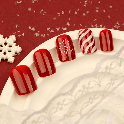 24Pcs Christmas Red Press on Nails Short Square Fake Nails White Snowflake Candy Stripes Design Glue on Nails Glossy Acrylic Nails Cute False Nails Christmas Stick on Nails for Women Girls