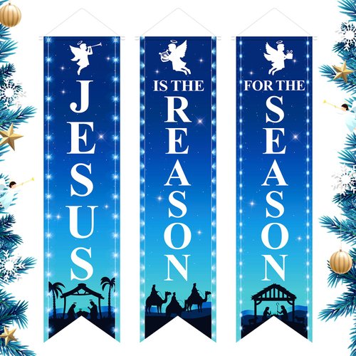 3Pcs Nativity Christmas Party Banners Jesus is The Reason for The Season Front Door Porch Sign Banner Xmas Jesus Religious Hanging Banner for Christmas New Year Winter Holiday Party Decor Supplies
