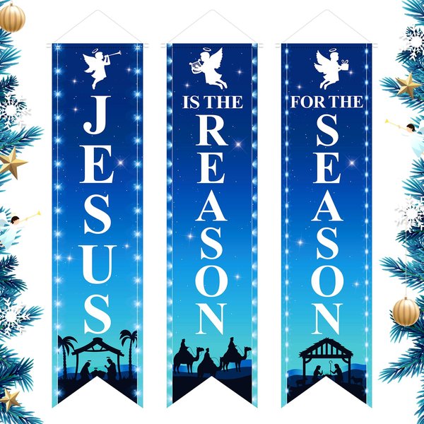 3Pcs Nativity Christmas Party Banners Jesus is The Reason for The Season Front Door Porch Sign Banner Xmas Jesus Religious Hanging Banner for Christmas New Year Winter Holiday Party Decor Supplies