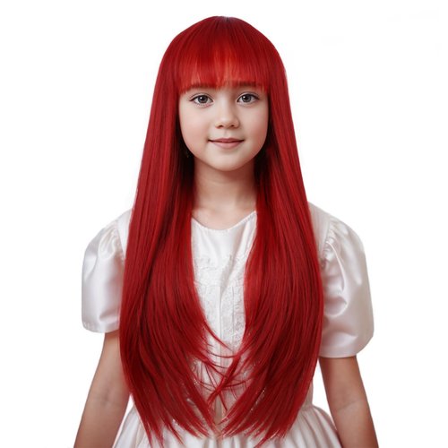Edivd Kids Bright Red Wig Long Red Wig with Air Bangs for Girls Long Light Red Straight Wig for C...