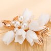 Teyglen Flower Bridal Pearl Hair Comb Handmade Gold Leaf Side Comb Wedding Hair Pieces for Bride Floral Headpieces Hair Accessories for Women Girls