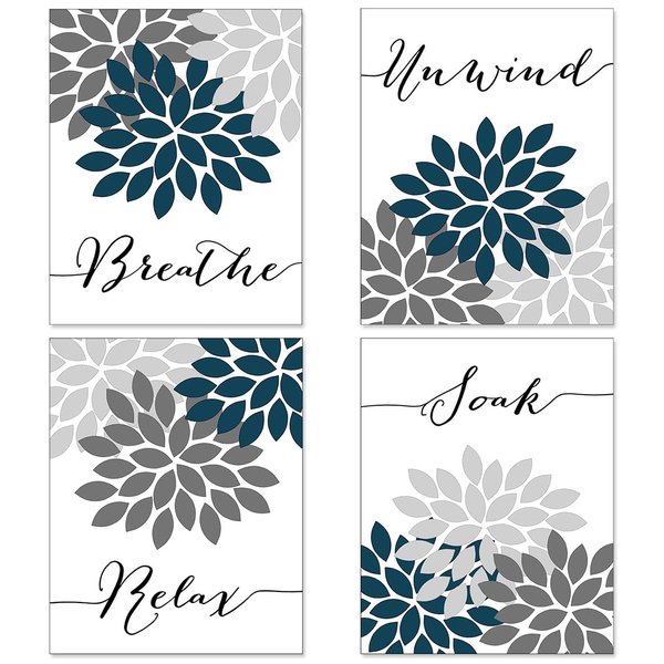 Relax Soak Unwind Breathe Bathroom Pictures Wall Decor, Bathroom Decor Wall Art, Teal Blue Bathroom Decor, Bathroom Decor (Set of 4, 8X10in, Unframed)