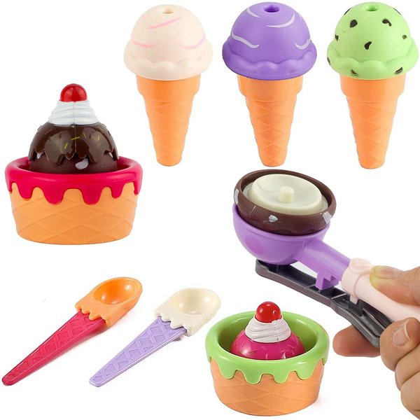 Kids Ice Cream Toy Set - Pretend Play Sweet Treats Ice Cream Parlour Dessert Accessories Playset with Cone and Scoop for Toddler Imaginary Play