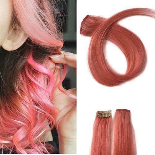 Belaved 18inch Colored Clip in Hair Extensions 6 Pcs Pink Colored Hair Extensions Colorful Clip in Hair Extensions Straight Clip ins Real Human Hair for Women Girls Party Christmas New Year Gift