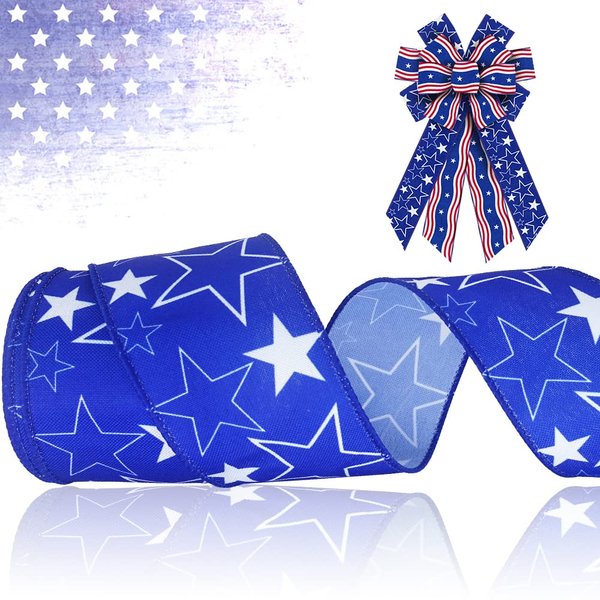 Estivaux Veterans Day Ribbons for Crafting, 2.5 Inch ×10 Yard Patriotic Wired Edge Ribbon Blue Burlap Ribbons Labor Day Ribbons Bows American Stars Craft Ribbons for Gift Wrapping Decorations