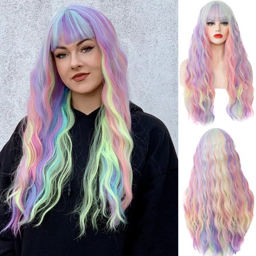 WGPFWIG Women's Multi Color Rainbow Wig 27 Inches Long Curly Wavy Hair Wig Heat Resistant Fibers Synthetic Wig For Women Girl Cosplay Party Halloween Wig Cap Included (Multi Color Rainbow)