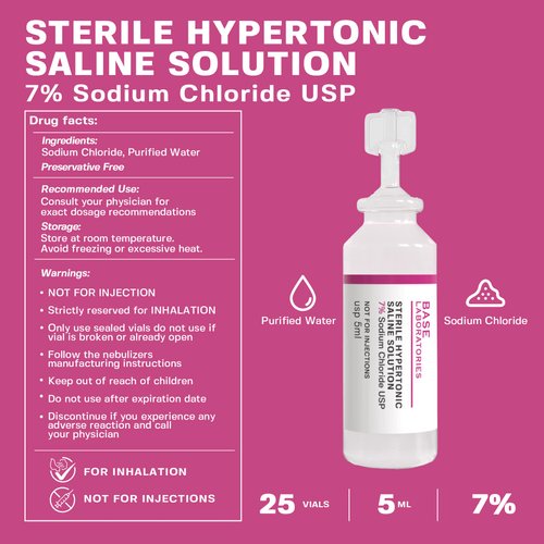 Base Labs 7% Hypertonic Saline Solution for Nebulizer Machine | Sterile Saline Solution for Inhalation| Helps with Respiratory Treatments, Clears Lungs, Mucus & Congestion l 25 Vials 5ml Unit Dose