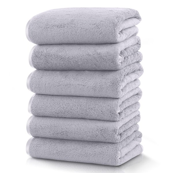 TENSTARS Silk Hemming Hand Towels for Bathroom - Quick Drying - Ultra Soft Microfiber Absorbent Towel for Bath Fitness, Gym, Shower, Hotel, and Spa - 16x28 Inch | Set of 6, Light Grey