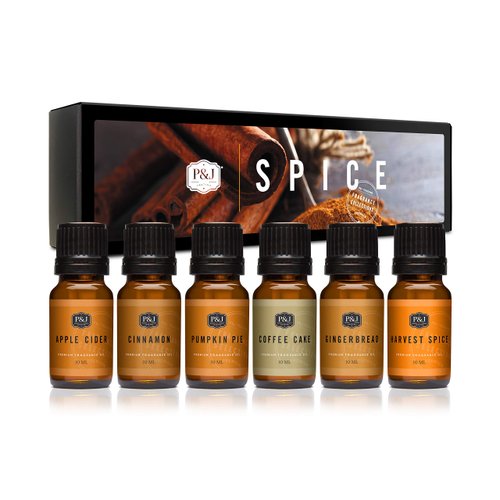 P&J Fragrance Oil Spice Set | Cinnamon, Harvest Spice, Apple Cider, Coffee Cake, Gingerbread, and Pumpkin Pie Candle Scents for Candle Making, Freshie Scents, Soap Making Supplies, Diffuser Oil Scents