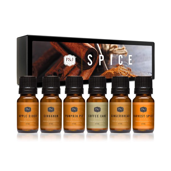 P&J Fragrance Oil Spice Set | Cinnamon, Harvest Spice, Apple Cider, Coffee Cake, Gingerbread, and Pumpkin Pie Candle Scents for Candle Making, Freshie Scents, Soap Making Supplies, Diffuser Oil Scents