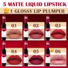DAGEDA Wine Lip Tint, 5 Matte Lipstick and 1 Lip Plumper Set, Long Lasting Waterproof Liquid Lipstick, Velvety Liquid Wine Bottle Lip Gloss, Non-stick Cup Lip Makeup Kit (Color C)
