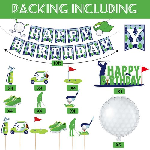 Containlol 32 Pieces Golf Birthday Party Supplies Decor Kits Golf Theme Happy Birthday Banner Golf Themed Cake Toppers Happy Birthday Cake Inserts Golf Aluminum Foil Balloons for Golf Themed Party