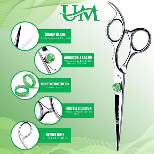 UM Supplies Scissors 6.5 | Premium Barber Shears For Hair Cutting | Multiple Purpose Cutting Scissors | Haircut Scissors For Salon I Women | Mens | kids I Pets | Silver-Green