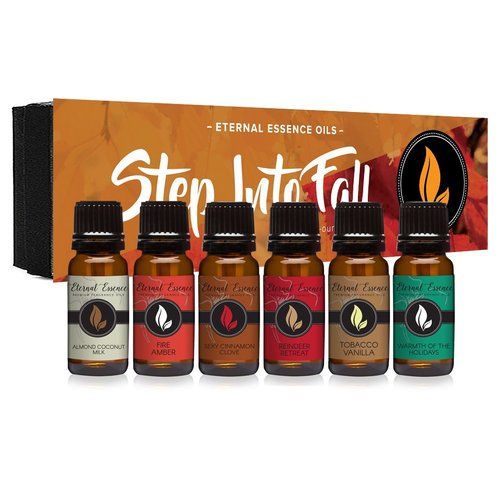 Eternal Essence Oils Step Into Fall Premium Fragrance Oils Set - Including Almond Coconut Milk, Fire Amber, Sexy Cinnamon Clove, Reindeer Retreat, Warmth of The Holidays, Tobacco Vanilla (6 Pack)