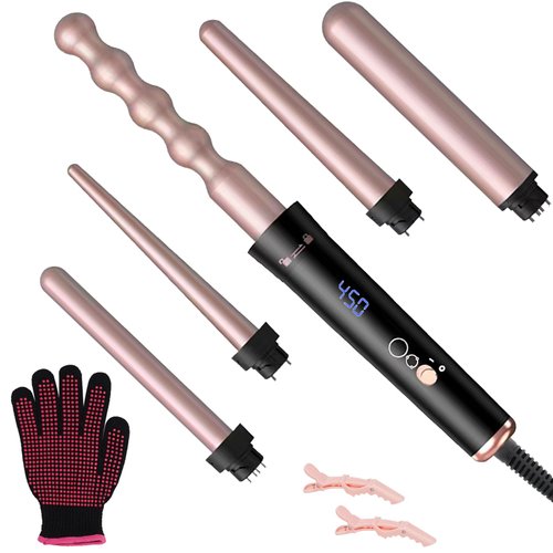 5-in-1 Curling Iron Set, Curling Wand with LCD Digital Display Hair Crimper Iron and Interchangeable 5 Curling Irons, Dual Voltage Hair Waver with 4 Temp Control for All Hair Types, Glove & 2 Clips