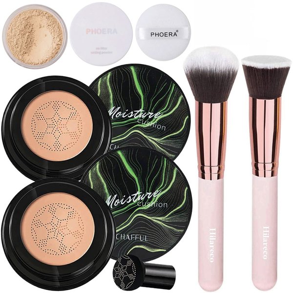 Mushroom Head Air Cushion CC Cream Natural Foundation,Phoera Powder, Bright Makeup Base Long Lasting with Makeup Sponge and Flat Top Kabuki Foundation Brush (#04 Buff Beige)