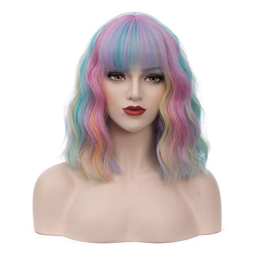 BUFASHION 14" Women Short Wavy Curly Wig Rainbow Bob Wig Cosplay Halloween Synthetic Wigs With Neat Bang Wig With Free Wig Cap (Rainbow 1)