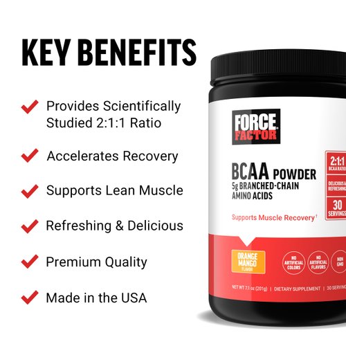 Force Factor BCAA Amino Acids Supplement 2:1:1, Delicious and Refreshing BCAA Powder to Support Muscle Recovery and Performance, No Artificial Colors or Flavors, Orange Mango, 30 Servings