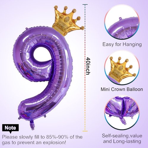 40 Inch Purple Number 9 & Mini Crown Balloon for Birthday Party Decorations, 9th Birthday Party Decorations Purple Theme Party Balloons Decorations Supplies