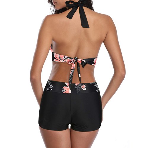 Century Star Women's Two Piece Swimsuit Halter Printed Top with Boyshort Bottoms Fashion Bathing Suit Pink Flower 10-12