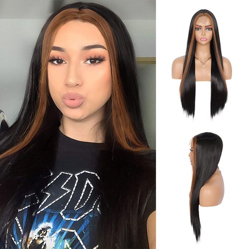 Youthfee Straight Streaks Highlight Lace Front Wigs for Women Long Middle Part Wig Heat Resistant Fiber Natural Looking Replacement Wigs for Daily Party Use 28 Inch