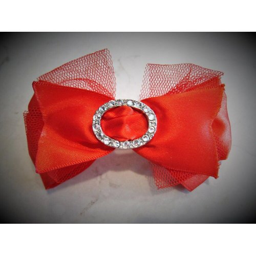 Red rockabilly shiny, lacy bow hair clip barrette with crystals