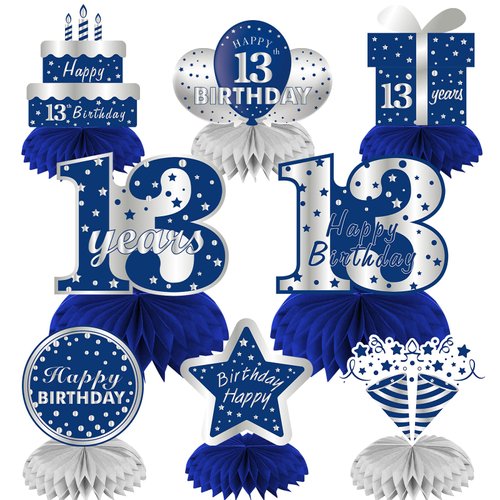 8Pcs 13th Birthday Decorations Table Centerpiece Party Supplies for Boy, Blue Silver Happy 13 Year Old Birthday Honeycomb Centerpieces Decor, Thirteen Birthday Table Topper