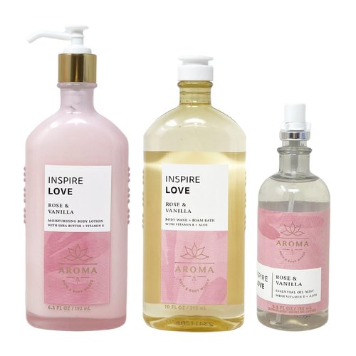 Generic Bath and Body Work Aroma Inspire Love ROSE & VANILLA Trio Set - Body Lotion - Body Wash + Foam Bath and Essential Oil Mist - Full Size, pink