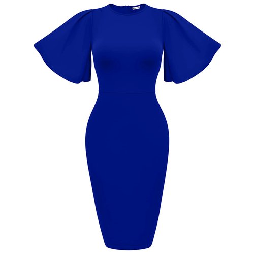 Memoriesea Women's Basic Bodycon Ruffle Flared Short Sleeve Pencil Midi Dress RoyalBlue