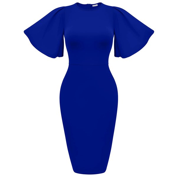 Memoriesea Women's Basic Bodycon Ruffle Flared Short Sleeve Pencil Midi Dress RoyalBlue