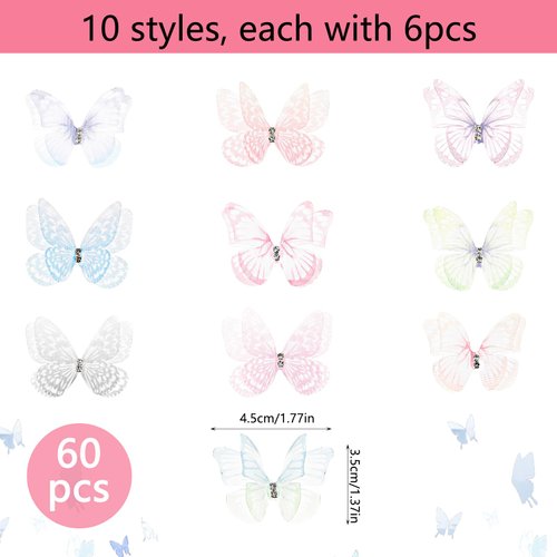 60 Pcs Butterflies for Crafts, Organza Fabric Butterfly Appliques Colorful 3D Lace Butterfly 2 Layers Wall Decoration for DIY Wedding Party Decoration Clothes Ornament Home Decor, 10 Styles