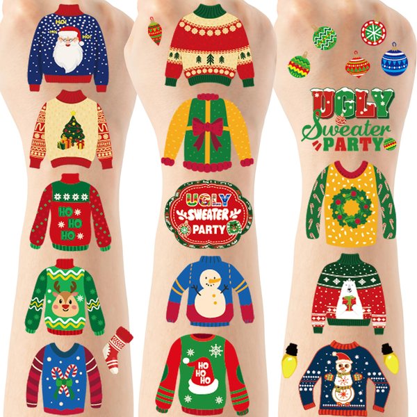 Christmas Party Temporary Tattoos Sticker - 3 Styles 6 Sheets Ugly Sweater Party Supplies Favors Tattoo, Birthday Home Activity Decorations, Treat Bag Stuffers for Kids Boys Girls