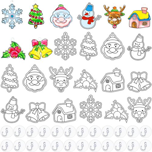 WILLBOND 24 Pieces Christmas Suncatchers Craft Assorted Sun Catcher Kits for Art Window Sun Catchers with 24 Pieces Suction Cups for Painting Crafts Christmas Home Decor Supplies