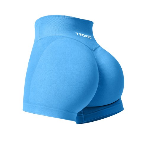 YEOREO Workout Gym Shorts Women Sport Scrunch Butt Lifting 3.5" Seamless V Waist Amplify Shorts Light Blue Small