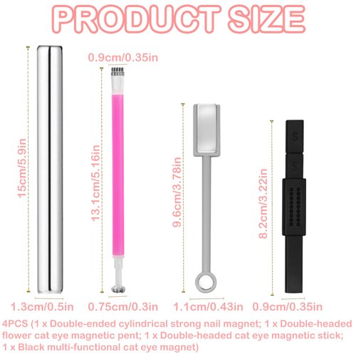 4Pcs Cat Eye Magnet for Nails, Nail Magnets Cat eye Magnet for Nails Art, Double-Head Nail Magnetic Cat Eye Gel Nail Polish Magnet Wand Strong Suction Board Nail Manicure Tool Set for Salon DIY Home