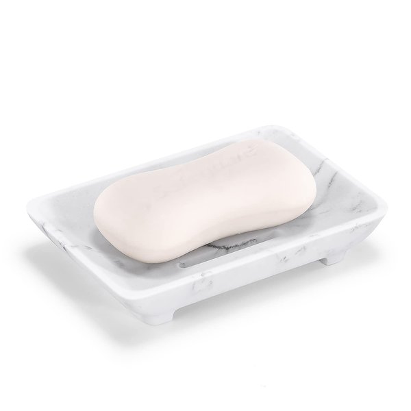 Self Draining Soap Dish, Aimou Non-Slip Soap Holder with Drain Resin Durable Waterfall Soap Tray, Bathroom Soap Saver Case Box Container Keep Soap Bars Dry Clean, Easy Cleaning Marble White