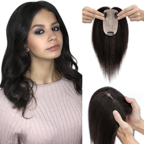 Elailite Hair Toppers for Women Real Human Hair Free Parting for Thinning Hair Clip in Hair Pieces for Hair Loss Cover Gray Fine Hair 6 Inch #1B Natural Black