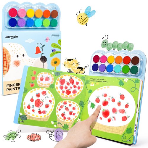 Jar Melo Fingerprint Coloring Book for Kids, 12 Colors Ink Pad Finger Painting Activity Book, Preschool Art Learning, Travel Busy Book for Kids 3+