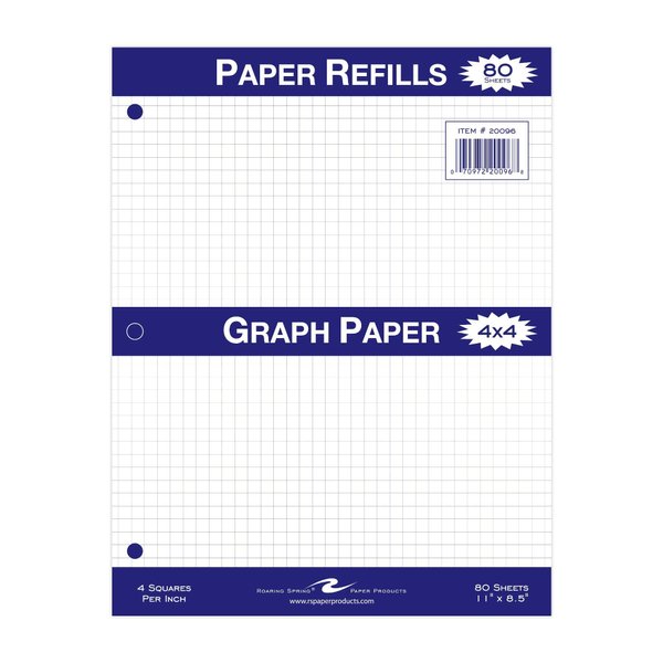 Roaring Spring Loose Leaf Graph Paper, 80 Sheets 8"x11" White 15#, 4x4 Graph Ruled Notebook Filler Paper, 3-hole Punched