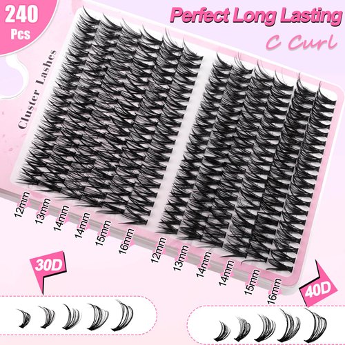 Fluffy Lash Clusters Kit 240pcs DIY Lash Extension Kit, Wispy Lash Clusters Kit Natural 30D+40D Mixed 12-16mm Eyelashes Kit C Curl with Lash Bond and Seal and Lash Applicator Tool.(30+40 Kit)