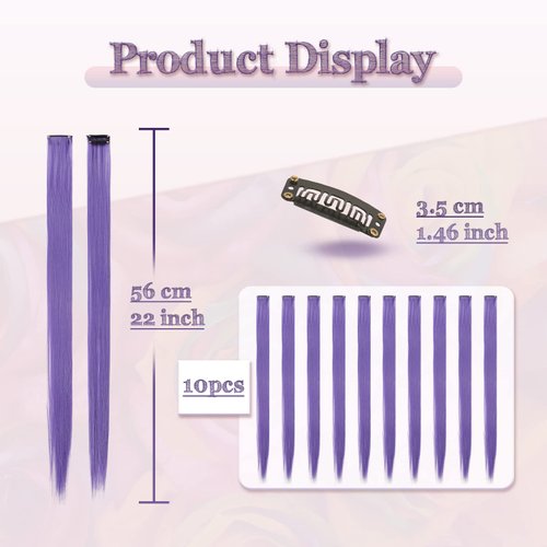Sofeiyan 10 Pcs Colored Hair Extensions Party Highlights Colorful Clip in Hair Extensions 22 Inch Straight Synthetic Hairpieces for Women Kids Girls Halloween Christmas Cosplay, 10pcs Grey Purple