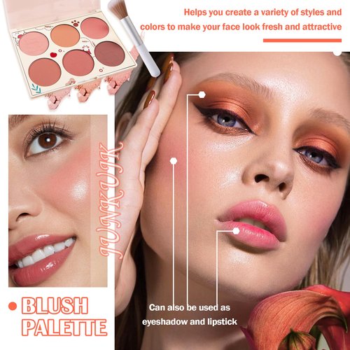 JunKuJk 6 Colors Blush Palette,Shimmer Silky Matte Blush Powder Palette,Professional Cute Face Contour Highlighter Blush Palette with Blush Makeup Brush