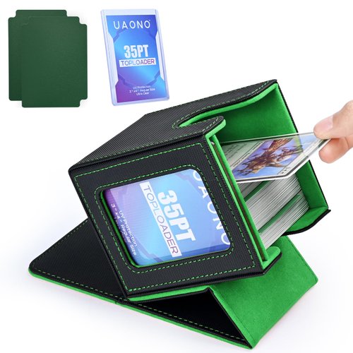 UAONO Card Deck Box with MTG Commander Display, Patented Design Card Deck Case Holds 100+ Double-Sleeved Cards, PU Leather Cards Storage Box For TCG with 2 Dividers, 1 Toploader (Black&Dark Green)
