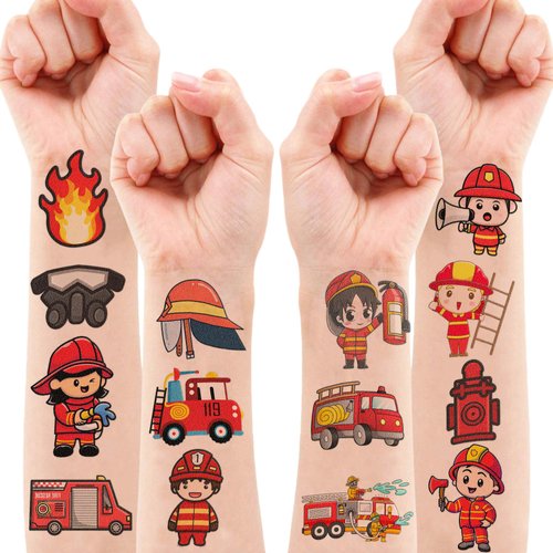 96 PCS Firefighter Fireman Temporary Tattoos Sticker Car Fire Truck Themed Birthday Party Decorations Favors Supplies Gifts Boys Girls Baby Shower Adult Cute Tattoo School Prizes Reward Themed