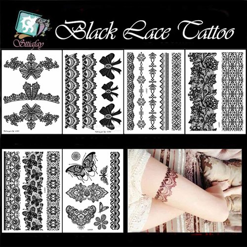 Sttiafay Black Lace Temporary Tattoo Thigh Arm Fake Tattoo Art Stickers Lace Body Transfer Tattoo Waterproof Sexy Tattoo Wedding Art Stickers for Festival Beach Party (Black)