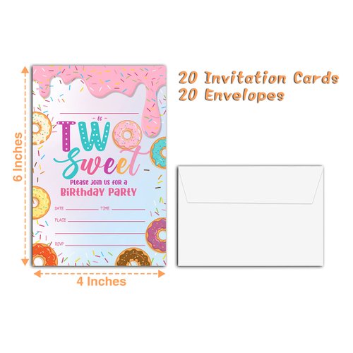 YQV Donut Sweet Two Birthday Party Invitations, 20-Count Donut 2nd Birthday Party Invites With Envelopes-HBYQK-B47