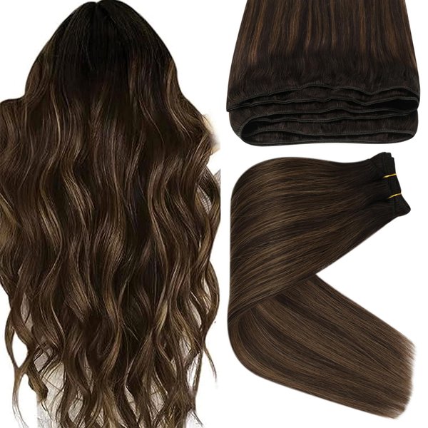 Sunny Weft Hair Extensions Real Human Hair Balayage Sew in Extensions Dark Brown Mix Medium Brown Long Hair Sew in Ombre Hair Extensions Balayage 22inch 100g