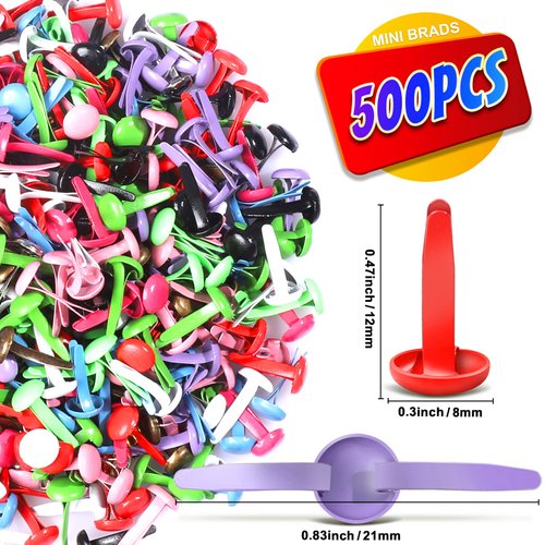 500PCS Mini Paper Brads, HNYYZL Paper Brass Fasteners Metal Brass Brads with Box, Mini Round Head 8mm Paper Fasteners for Paper Crafts, Scrapbooking, Paper Decoration, DIY Art (Colored 0.3 x 0.6 Inch)
